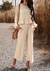 Ruffled Two Piece Long Sleeve Wide Leg Pant Set Miss Sparkling Cream S